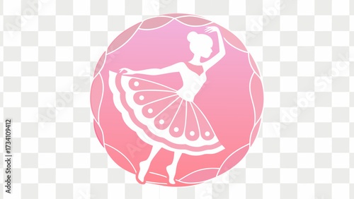 Graceful ballerina in elegant pose within delicate pink circular design, evoking artistry and performance for creative projects.