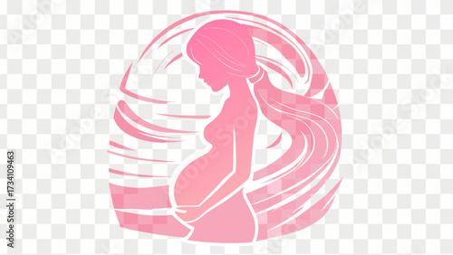 Joyful pregnant woman embracing her belly with flowing hair, symbolizing new life and motherhood