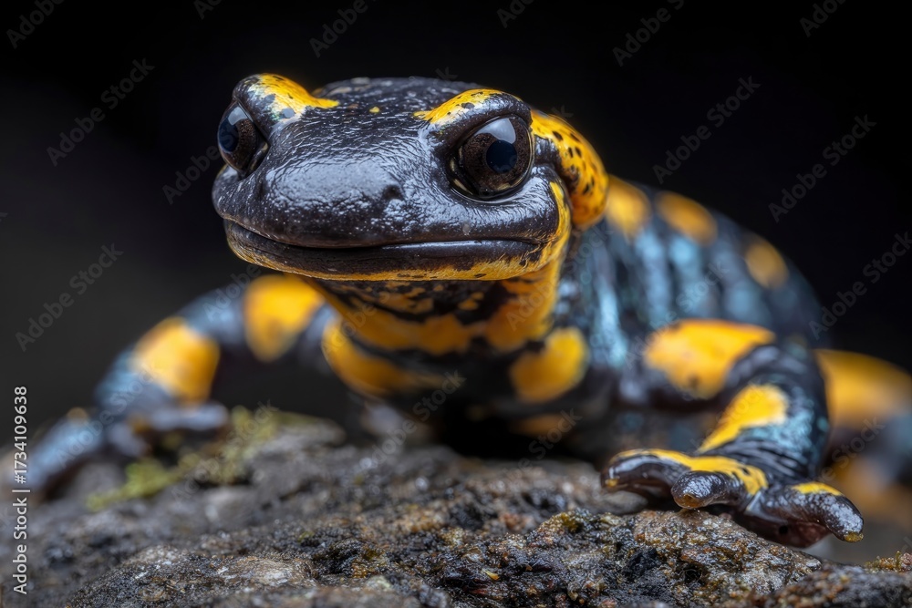 Obraz premium A fire salamander with yellow spots on black skin sits on a rock