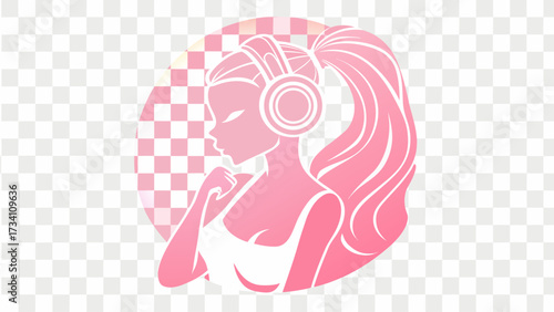 Modern pink silhouette of a girl with headphones embodies music passion, perfect for branding, events, and lifestyle content about sound and style