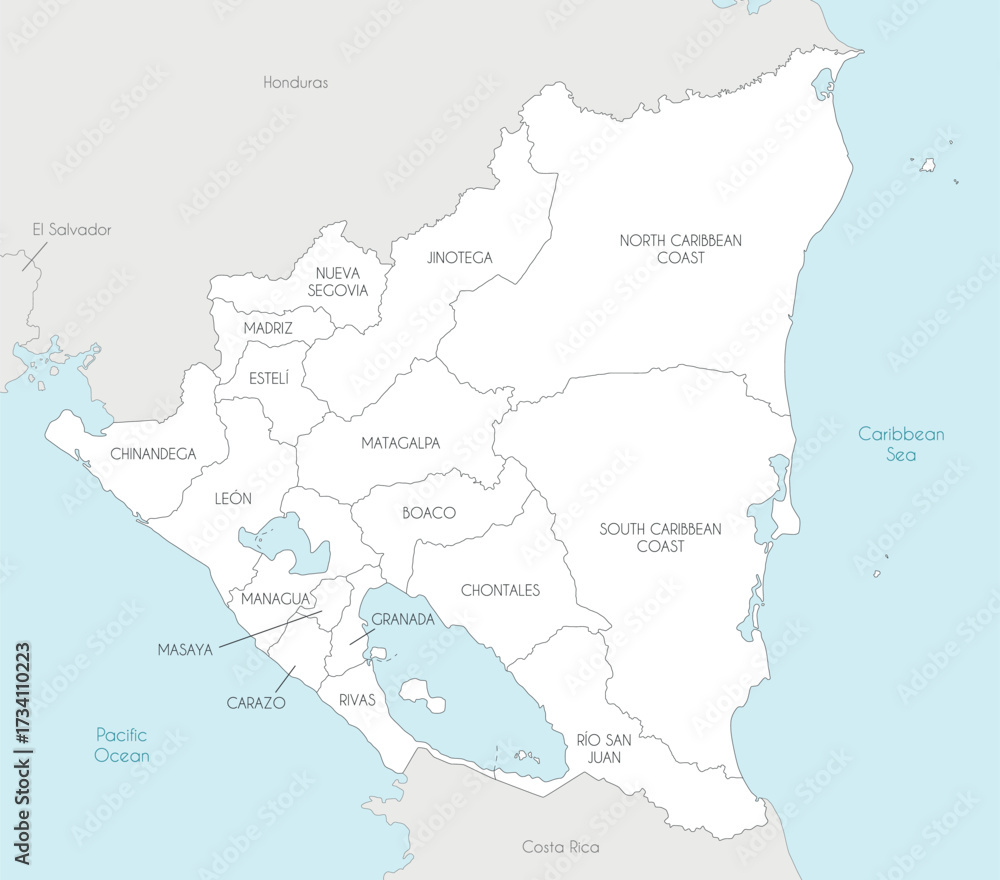 Obraz premium Vector map of Nicaragua with departments and autonomous regions, and neighbouring countries and territories. Editable and clearly labeled layers.