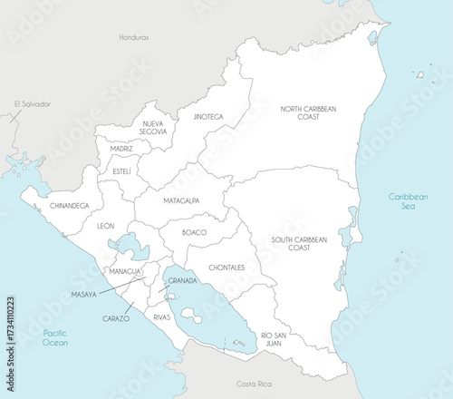 Vector map of Nicaragua with departments and autonomous regions, and neighbouring countries and territories. Editable and clearly labeled layers.