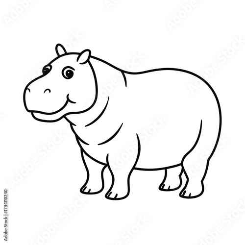 Simple outline drawing of a friendly cartoon hippopotamus standing on a white background