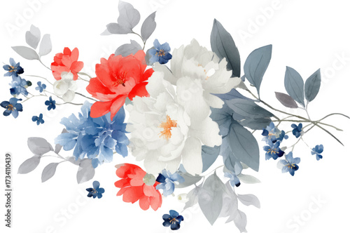 
Watercolor floral bouquet, small red and blue flowers, white peonies, gray leaves, vector illustration clipart, simple design, white background