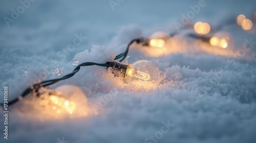 Beautiful glowing string lights lying on snowy ground with soft warm illumination.