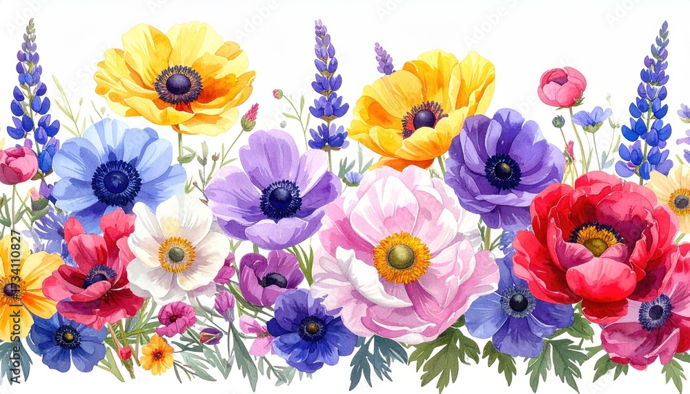 Fototapeta premium Anemone flowers & lavender border on white. Greetings card, springtime themed events