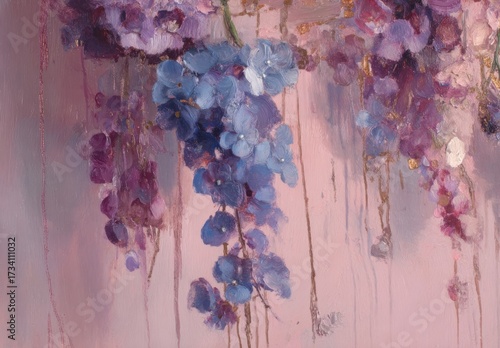 A delicate arrangement of wisteria and flowers, painted in soft shades of purple and pink, hangs gracefully against a backdrop of pastel tones.