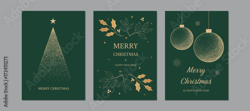 Luxury christmas greeting card design. Christmas tree on green background. 