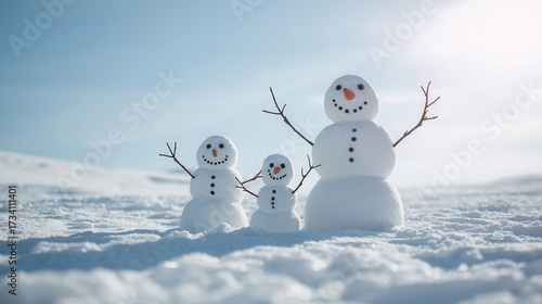 Three happy snowmen with carrot noses, coal eyes, and stick arms standing together in a snowy winter field. Perfect for Christmas, holiday cards, festive decorations, and seasonal design projects.