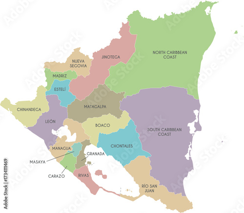 Vector map of Nicaragua with departments, autonomous regions and administrative divisions. Editable and clearly labeled layers.