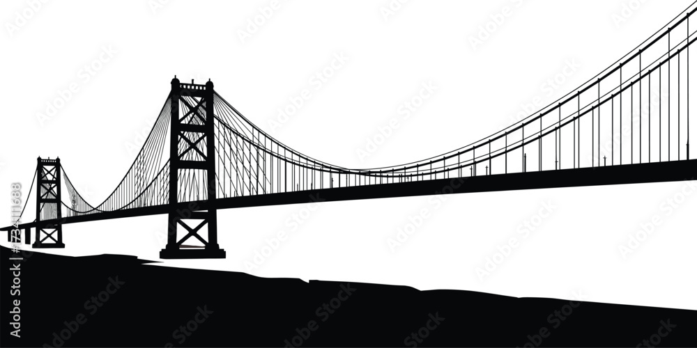 Fototapeta premium Suspension bridge silhouette vector with towers, cables, and span structure, black and white urban scene of engineering and architecture