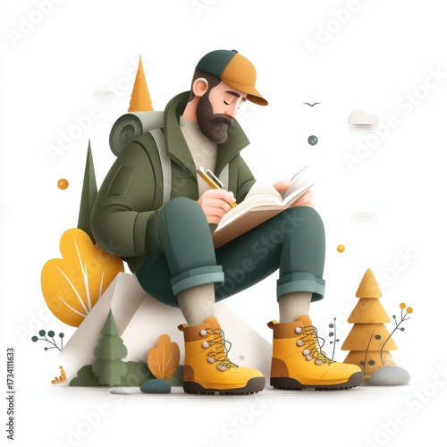A bearded man in hiking gear sits on a rock, writing in a notebook surrounded by autumnal trees and nature elements.