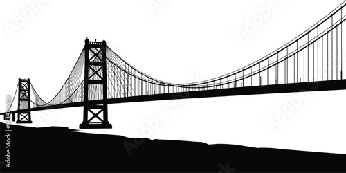 Suspension bridge silhouette vector with towers, cables, and span structure, black and white urban scene of engineering and architecture