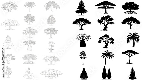 Tree Silhouette and Line Art Collection – Botanical Sketch, Nature Drawing, Plant Illustration.