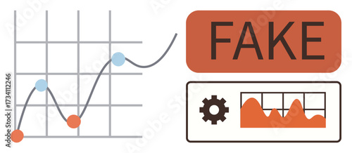 Trend graph with data points, gear icon, and fake data label. Ideal for analytics, statistics, warning, misinformation, integrity business education. Clear and simple flat metaphor