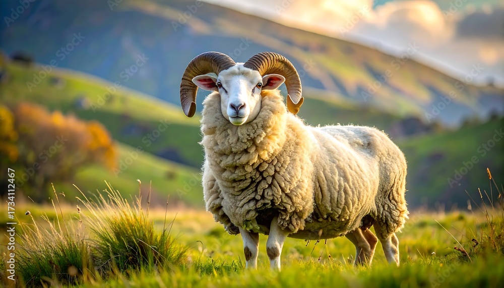 Obraz premium Majestic sheep in a grassy valley at golden hour