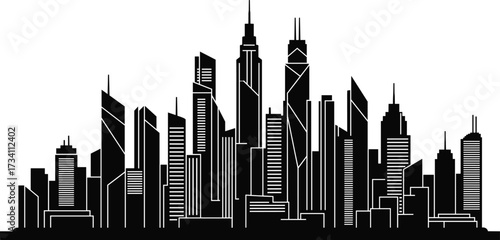 Modern city skyline silhouette vector with skyscrapers and high-rise buildings, black and white urban architecture scene of metropolitan design