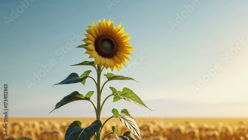Vibrant, single yellow sunflower in full bloom against a clear blue sky. Symbol of summer, happiness, optimism, and nature's beauty. Upward, positive perspective.