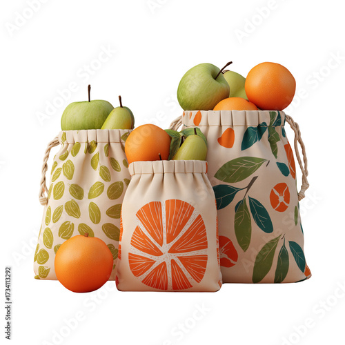 Reusable Fruit Bags with Apples and Oranges on Transparent Background
