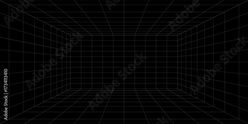 Empty futuristic digital box room grey-black background with white grid space line color surface. Network cyber technology. banner, cover, terrain, sci-fi, wireframe, and related to background.Print
