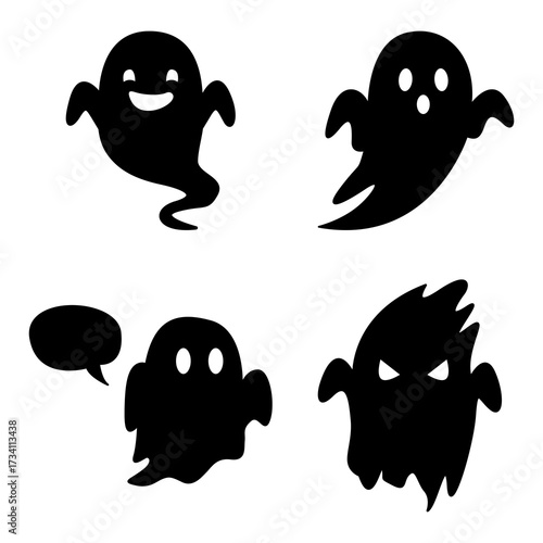 Spooky ghost collection. A collection of four different ghost characters in black silhouette form, perfect for Halloween themes. 