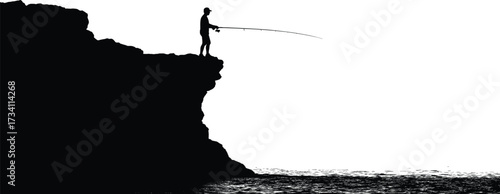 Silhouette person fishing from rocky cliff edge with long rod, dramatic outdoor scene, solitude moment, black vector illustration, nature adventure