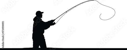 Silhouette person fly fishing with looped line motion, dynamic casting technique, outdoor recreation, black vector illustration, fishing skill moment