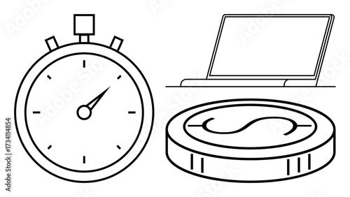 Stopwatch indicating time, laptop symbolizing technology, and coin representing currency and value. Ideal for productivity, technology, finance, planning, efficiency business and savings. Simple