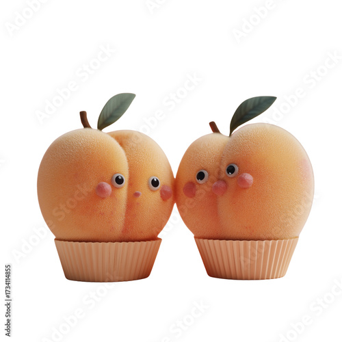 Cute Peaches with Faces on Cupcake Wrappers on Transparent Background