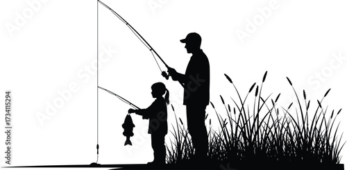 Silhouette of parent and child fishing near grass, successful catch moment, outdoor bonding, nature recreation, family activity vector illustration artwork