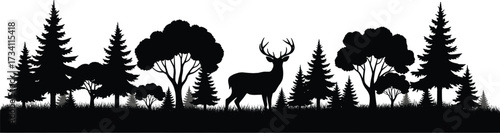 Forest silhouette vector with deer, coniferous and deciduous trees, black and white wildlife scene of natural habitat and ecosystem
