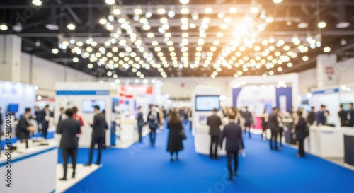Blurred exhibition hall filled with business professionals networking at trade show. Modern venue features bright ceiling lights and colorful booth displays. Attendees explore various stands.