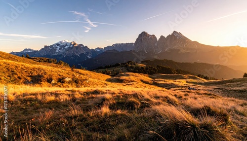 Alpine Landscape at Sunset with Golden Light and Mountain Range in Background