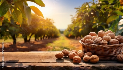 freshly harvested walnuts in orchard with ample space