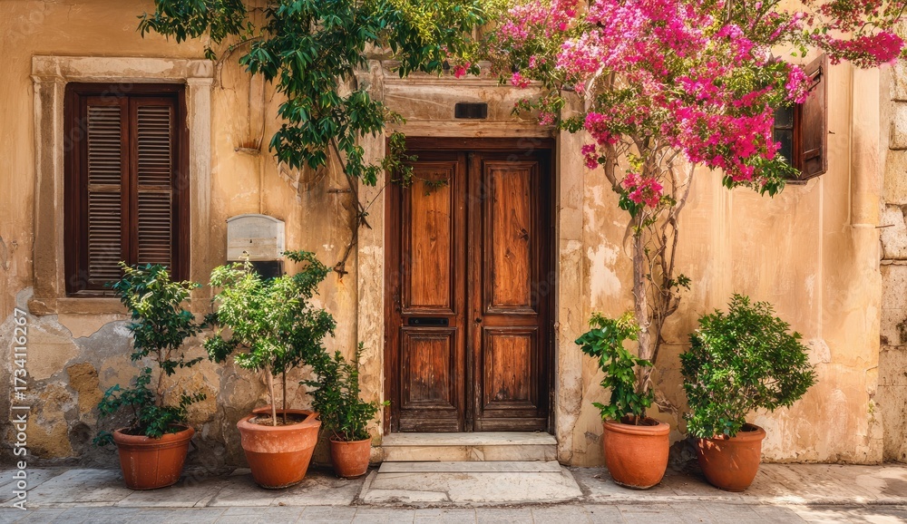 Obraz premium Vintage Mediterranean facade with wooden door and vibrant plants