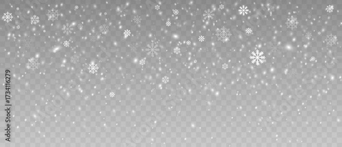 Festive Christmas holiday overlay effect. Heavy snowfall or snowstorm with snowflakes of various shapes. Winter snowy background.