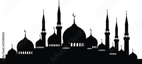 Islamic mosque silhouette vector with domes and minarets, crescent moon symbols, religious architecture, black and white cultural illustration