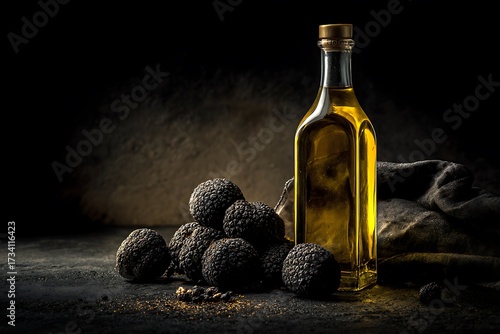 A bottle of olive oil placed next to a pile of black truffles, an elegant combination for culinary or display use.