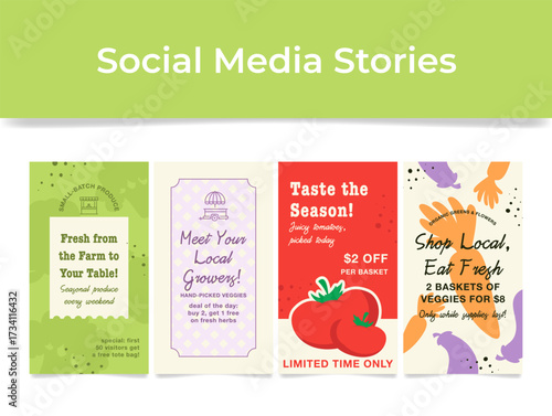 Creative social media stories highlight local farmers and fresh produce options. These designed stories promote farm-to-table shopping and seasonal vegetables to connect with customers.