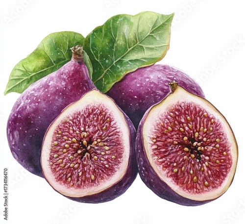 Watercolor illustration of figs.  Purple figs, whole and sliced, with deep crimson interior.  Fresh green leaves.  Detailed botanical style