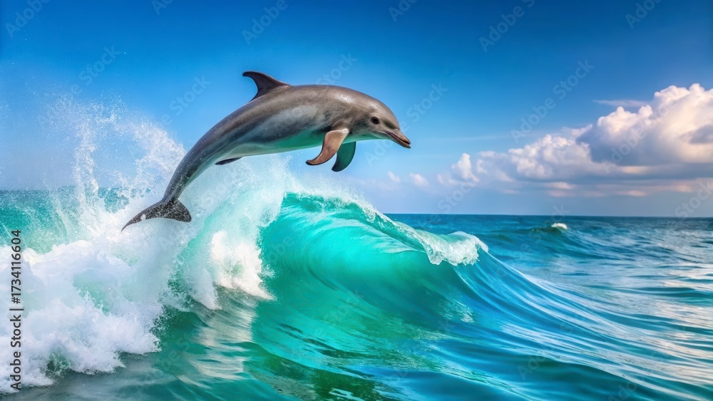 Fototapeta premium Dolphin leaping from a powerful ocean wave under a bright blue sky