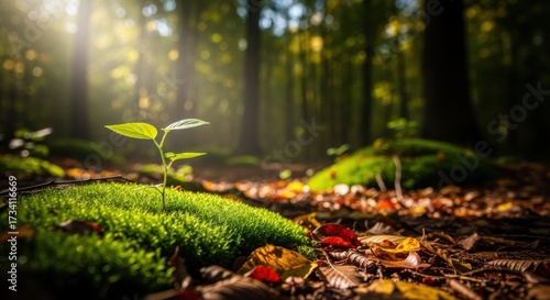 A tender green seedling emerges from vibrant moss on the forest floor, surrounded by fallen autumn leaves. Warm sunlight filters through the woodland canopy, creating a magical atmosphere.