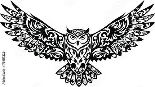 Tribal owl tattoo silhouette with spread wings, symmetrical design, intense eyes, black vector illustration, cultural symbolism, majestic bird artwork