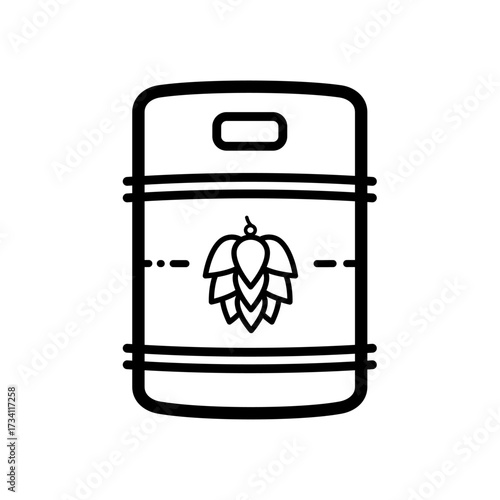 Metal beer keg with hop label - line vector icon