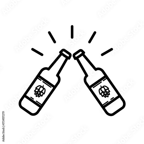 Two beer bottles cheering - line vector icon