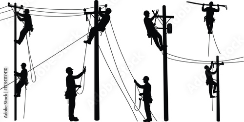"Utility workers climbing poles with safety harnesses performing electrical line maintenance and telecommunications repair in silhouette vector illustration design"