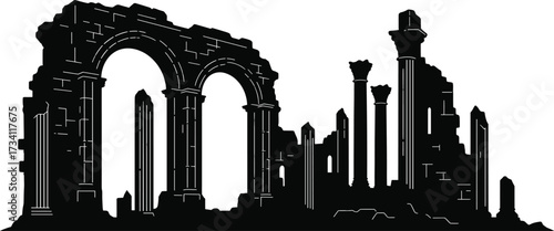 Ancient ruins silhouette with Roman Greek columns, classical architecture, archaeological landmark, historic travel site, cultural heritage vector illustration