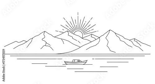 Simple line art landscape of mountains, lake, and boat under sun