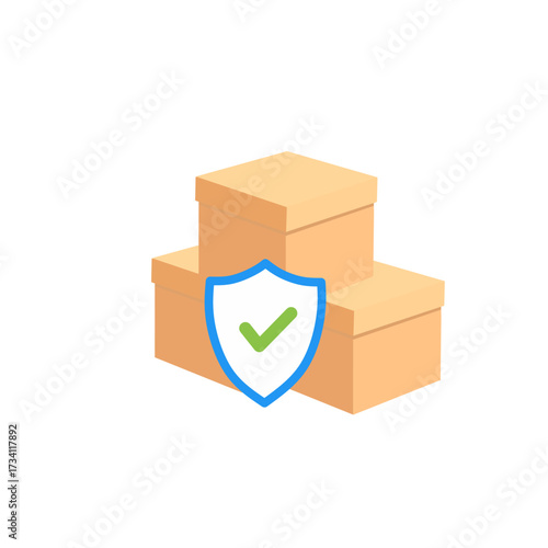 package delivery with shield and check mark icon, representing secure shipping, product protection, and reliable logistics service.