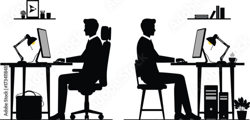 Wallpaper Mural Silhouettes of two office workers at desks with computers, lamps, shelves, coffee, and plants in modern workspace setup. Torontodigital.ca